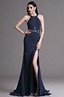 Blaues Halter Spitze Hoch Geschlitztes Abendkleid
