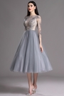 Grey Tea Length Party Cocktail Dress with Embroidery