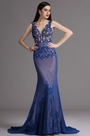 Blue Plunging Evening Dress with Lace Appliques