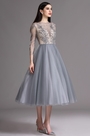 Grey Tea Length Party Cocktail Dress with Embroidery