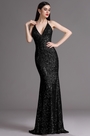 Plunging Neck Spaghetti Halter Black Sequins Formal Dress