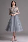 Grey Tea Length Party Cocktail Dress with Embroidery