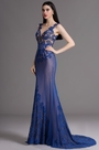 Blue Plunging Evening Dress with Lace Appliques