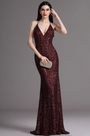 Spaghetti Halter V Neck Burgundy Sequins Prom Dress