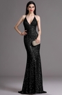 Plunging Neck Spaghetti Halter Black Sequins Formal Dress
