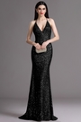 Plunging Neck Spaghetti Halter Black Sequins Formal Dress