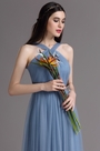 Blue Halter Neck Ruched Summer Bridesmaid Dress