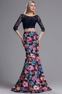 Two-piece 3/4 Sleeves Floral Mermaid Prom Formal Dress