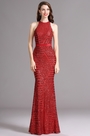 Carlyna Red Figure-flattering Halter Sequins Prom Evening Dress