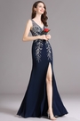 Carlyna V-Ausschnitt Hoch Slit blaues Abendkleid