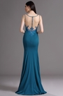 Blue Illusion Neckline Evening Dress with Lace Applique