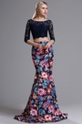 Two-piece 3/4 Sleeves Floral Mermaid Prom Formal Dress