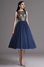 Blue Embroidery Tea Length Formal Party Dress