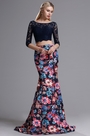 Two-piece 3/4 Sleeves Floral Mermaid Prom Formal Dress