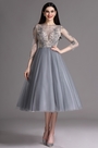 Grey Tea Length Party Cocktail Dress with Embroidery