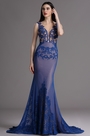 Blue Plunging Evening Dress with Lace Appliques