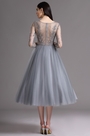 Grey Tea Length Party Cocktail Dress with Embroidery