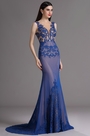 Blue Plunging Evening Dress with Lace Appliques
