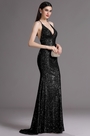 Plunging Neck Spaghetti Halter Black Sequins Formal Dress