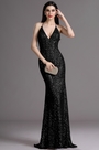 Plunging Neck Spaghetti Halter Black Sequins Formal Dress