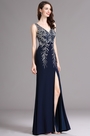 Carlyna V-Ausschnitt Hoch Slit blaues Abendkleid