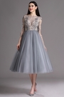 Grey Tea Length Party Cocktail Dress with Embroidery