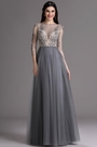 Grey Embroidery Illusion Neckline Beaded Pleated Formal Dress