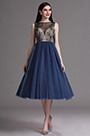Blue Embroidery Tea Length Formal Party Dress