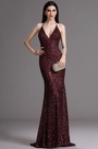 Spaghetti Halter V Neck Burgundy Sequins Prom Dress