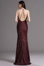 Spaghetti Halter V Neck Burgundy Sequins Prom Dress