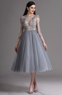 Grey Tea Length Party Cocktail Dress with Embroidery