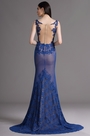 Blue Plunging Evening Dress with Lace Appliques