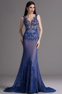 Blue Plunging Evening Dress with Lace Appliques