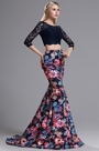 Two-piece 3/4 Sleeves Floral Mermaid Prom Formal Dress