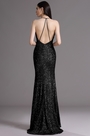 Plunging Neck Spaghetti Halter Black Sequins Formal Dress