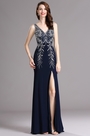 Carlyna V-Ausschnitt Hoch Slit blaues Abendkleid