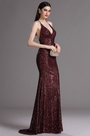 Spaghetti Halter V Neck Burgundy Sequins Prom Dress