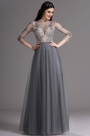 Grey Embroidery Illusion Neckline Beaded Pleated Formal Dress