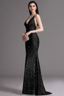 Plunging Neck Spaghetti Halter Black Sequins Formal Dress