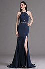 Blaues Halter Spitze Hoch Geschlitztes Abendkleid