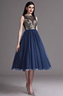 Blue Embroidery Tea Length Formal Party Dress