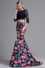 Two-piece 3/4 Sleeves Floral Mermaid Prom Formal Dress