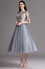 Grey Tea Length Party Cocktail Dress with Embroidery