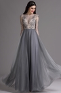 Grey Embroidery Illusion Neckline Beaded Pleated Formal Dress
