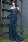Long Sleeves Overlace Blue Prom Dress