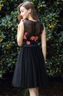 Elegant Schwarz Blumen Tüll Party Kleid