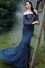 Long Sleeves Overlace Blue Prom Dress