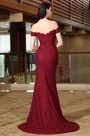 Schulterfrei Lang Sexy Burgundrot Spitze Kleid Ballkleid