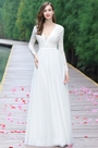Weiß V Ausschnitt Lang Ärmel Spitze Brautkleid
