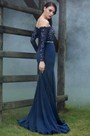Long Sleeves Overlace Blue Prom Dress